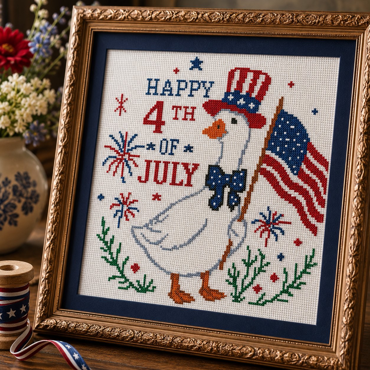 Happy 4th of July Goose Cross Stitch Pattern PDF | Patriotic Goose Embroidery Design | American Flag Counted Cross Stitch | Independence Day Decor