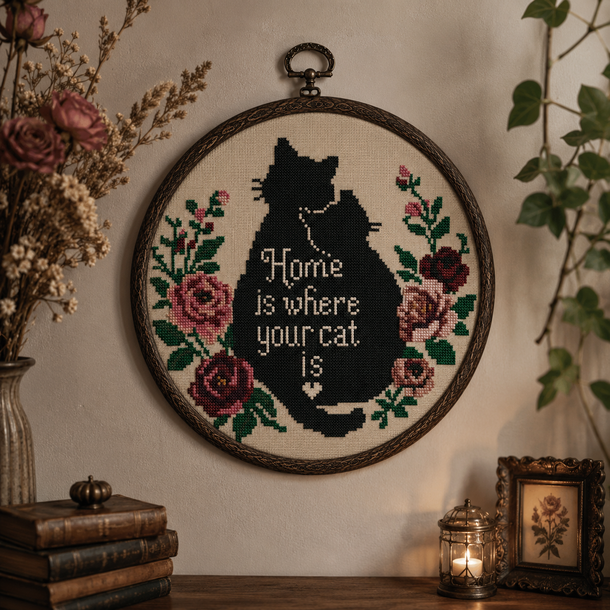 Home Is Where Your Cat Is Cross Stitch Pattern PDF | Black Cat Floral Embroidery | Modern Counted Cross Stitch | Cat Lover Gift | Instant Download