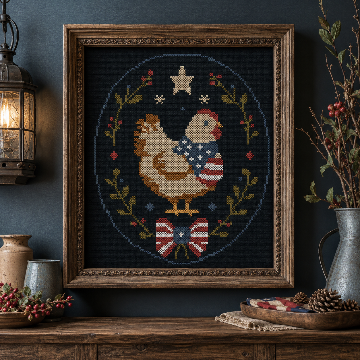 Patriotic Chicken Cross Stitch Pattern PDF | Americana Farmhouse Embroidery