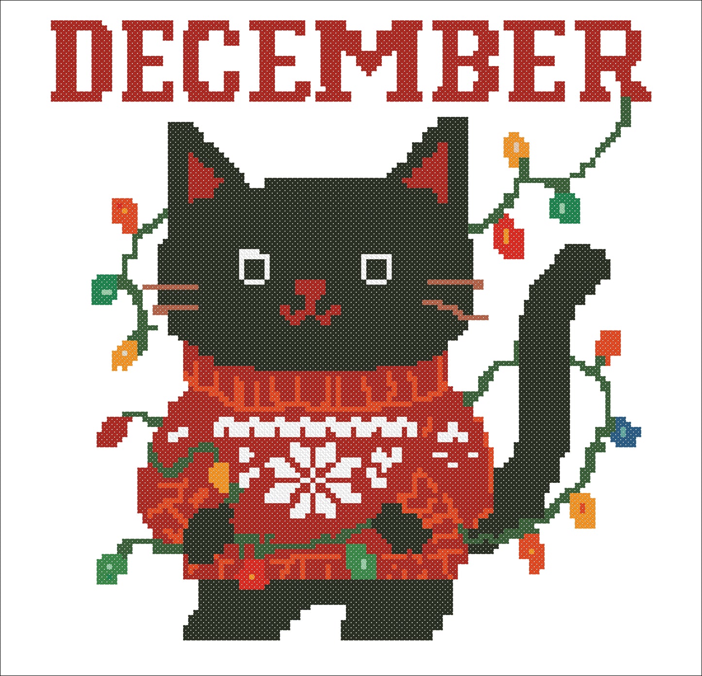 Cross Stitch Pattern – December Black Cat with Christmas Lights