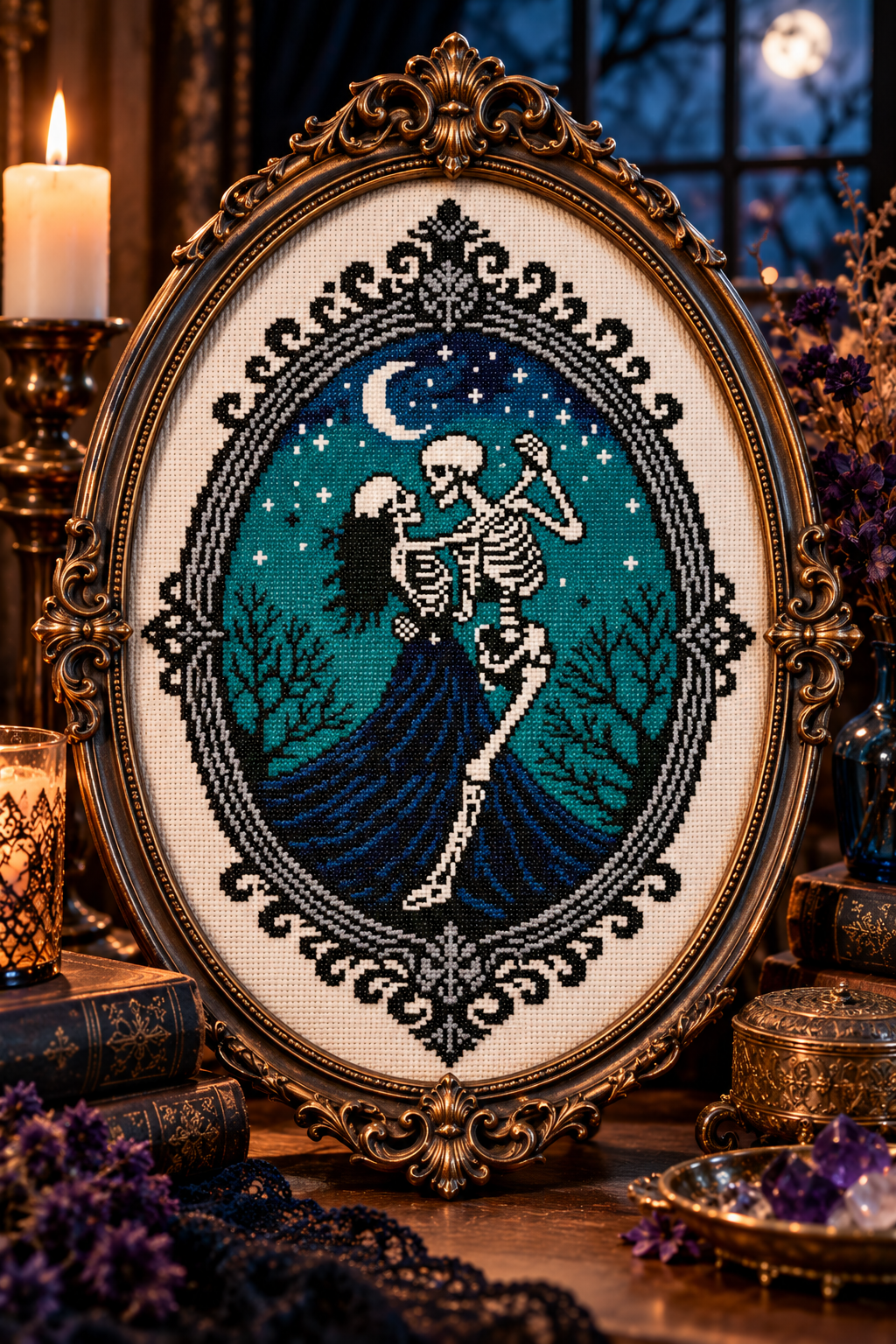 Gothic Skeleton Couple Cross Stitch Pattern PDF | Halloween Gothic Decor