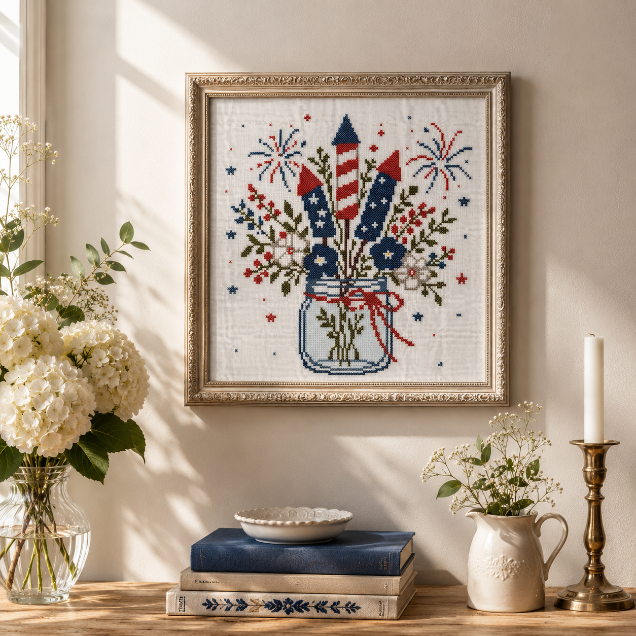 Patriotic Firework Bouquet Cross Stitch Pattern PDF, 4th of July Embroidery Pattern, Fireworks in Mason Jar, American Flag Rocket Cross Stitch, DMC Chart