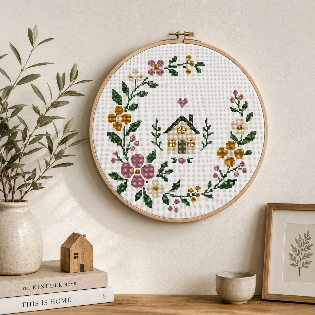Scandinavian Floral House Wreath Cross Stitch Pattern PDF, Nordic Folk Home Sweet Home Embroidery, Minimalist Housewarming Counted Cross Stitch