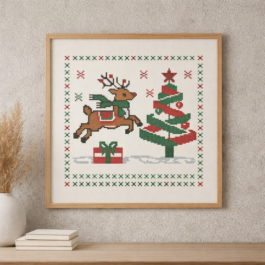Christmas Reindeer Cross Stitch Pattern – Festive Holiday Tree & Gift Design