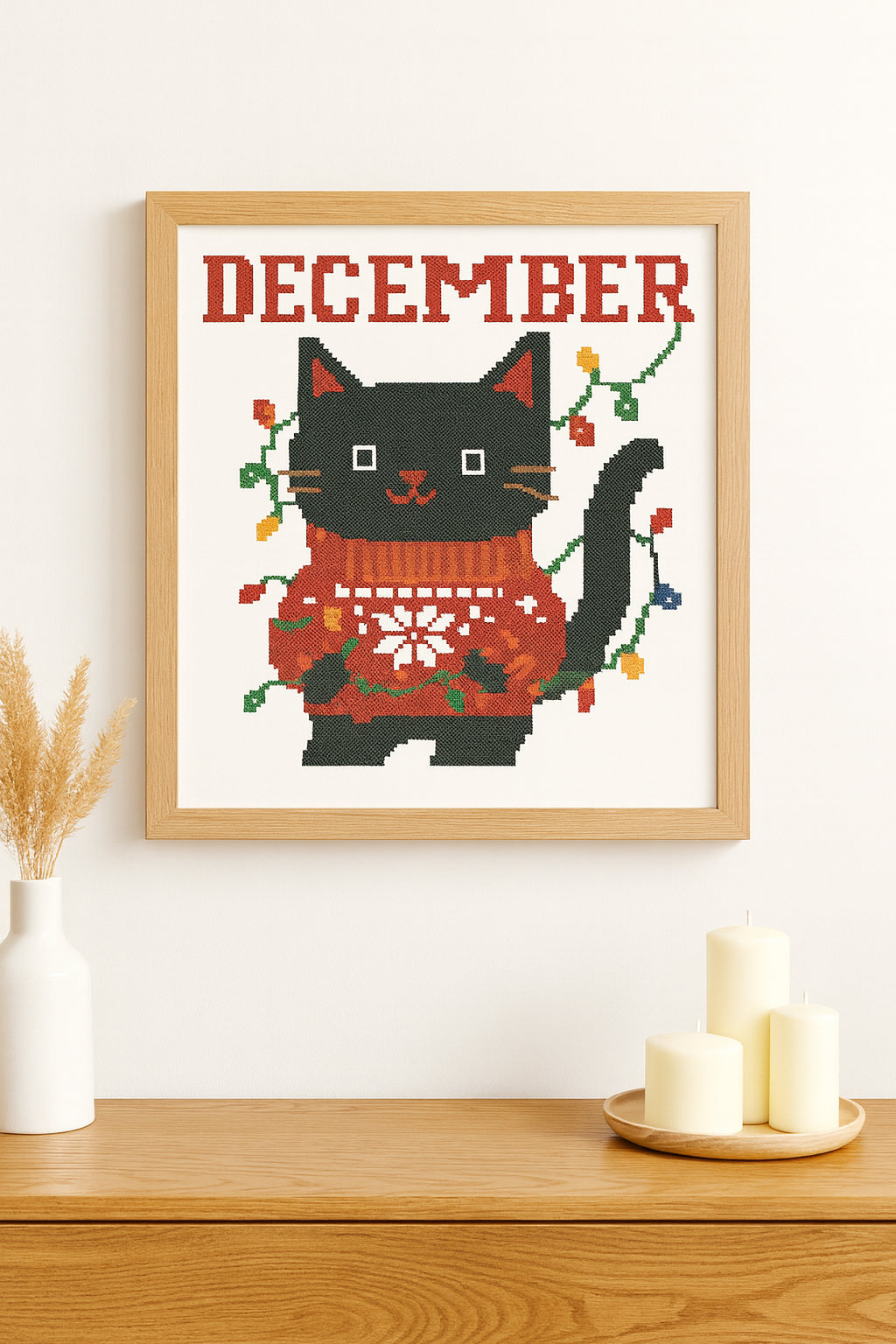 Cross Stitch Pattern – December Black Cat with Christmas Lights