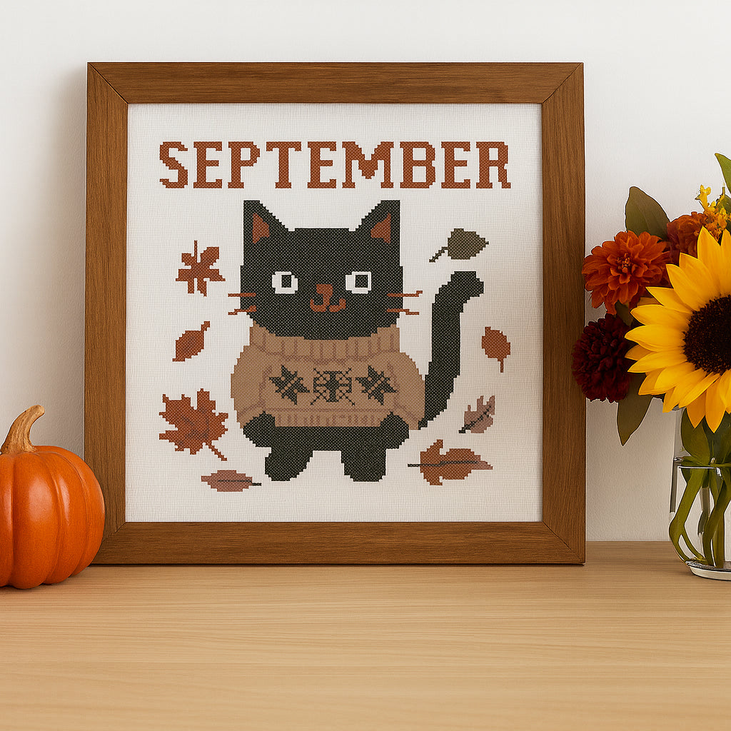 Black Cat in Cozy Sweater – September Autumn Cross Stitch Pattern