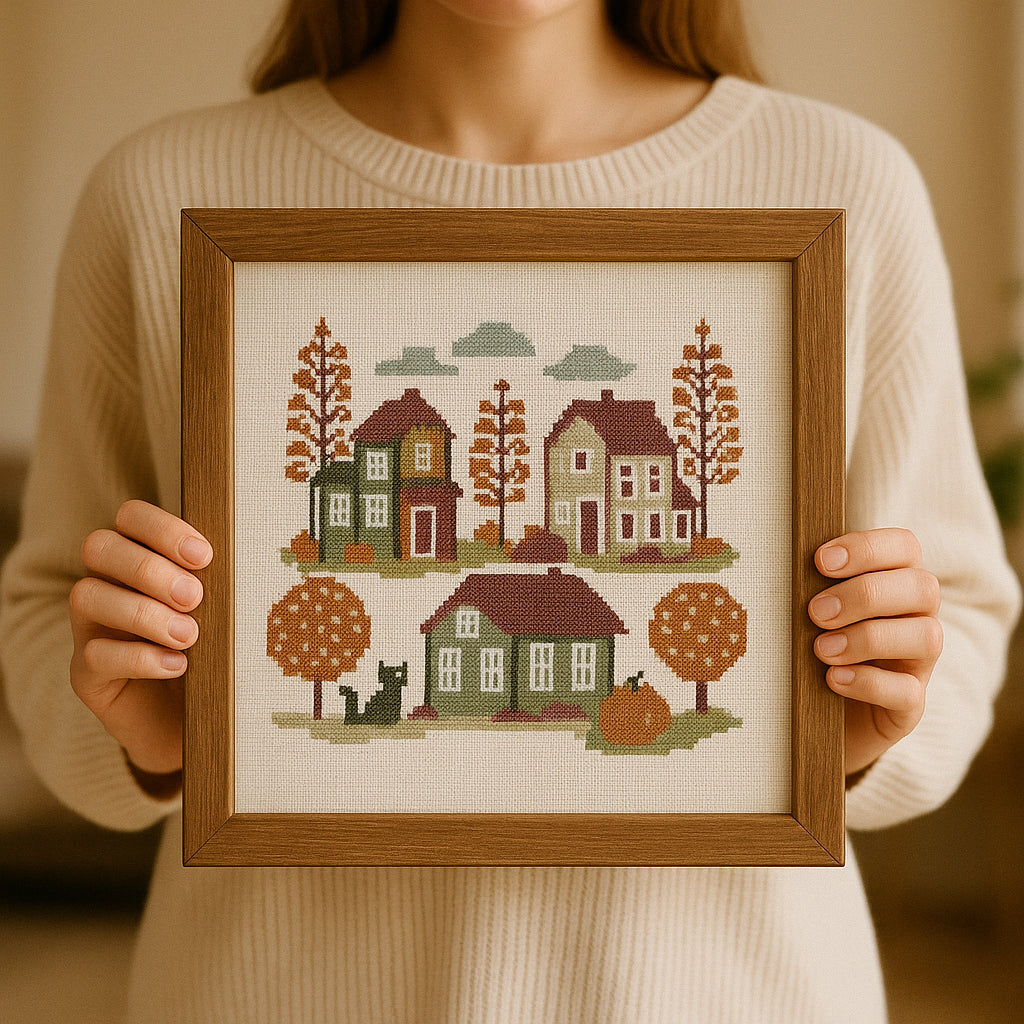 Autumn Village Cross Stitch Pattern – Fall Sampler PDF, Cozy Houses & Trees, Instant Download