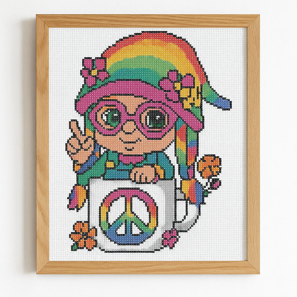 Rainbow Hippie Gnome Cross Stitch Pattern | Peace Sign Mug PDF