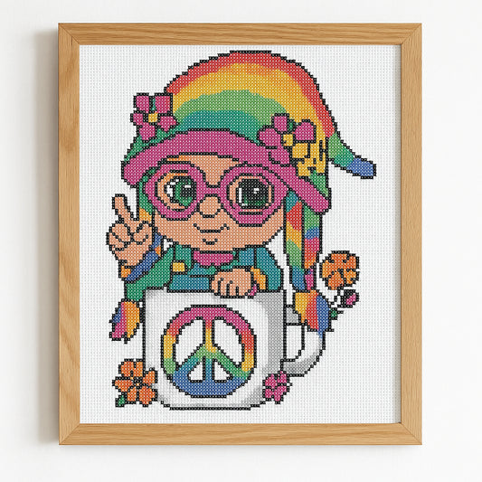 Rainbow Hippie Gnome Cross Stitch Pattern | Peace Sign Mug PDF