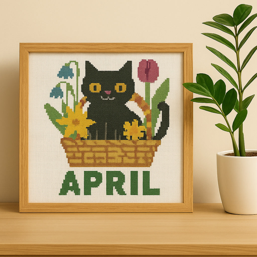 April Black Cat Cross Stitch Pattern – Spring Floral Basket Design (PDF)