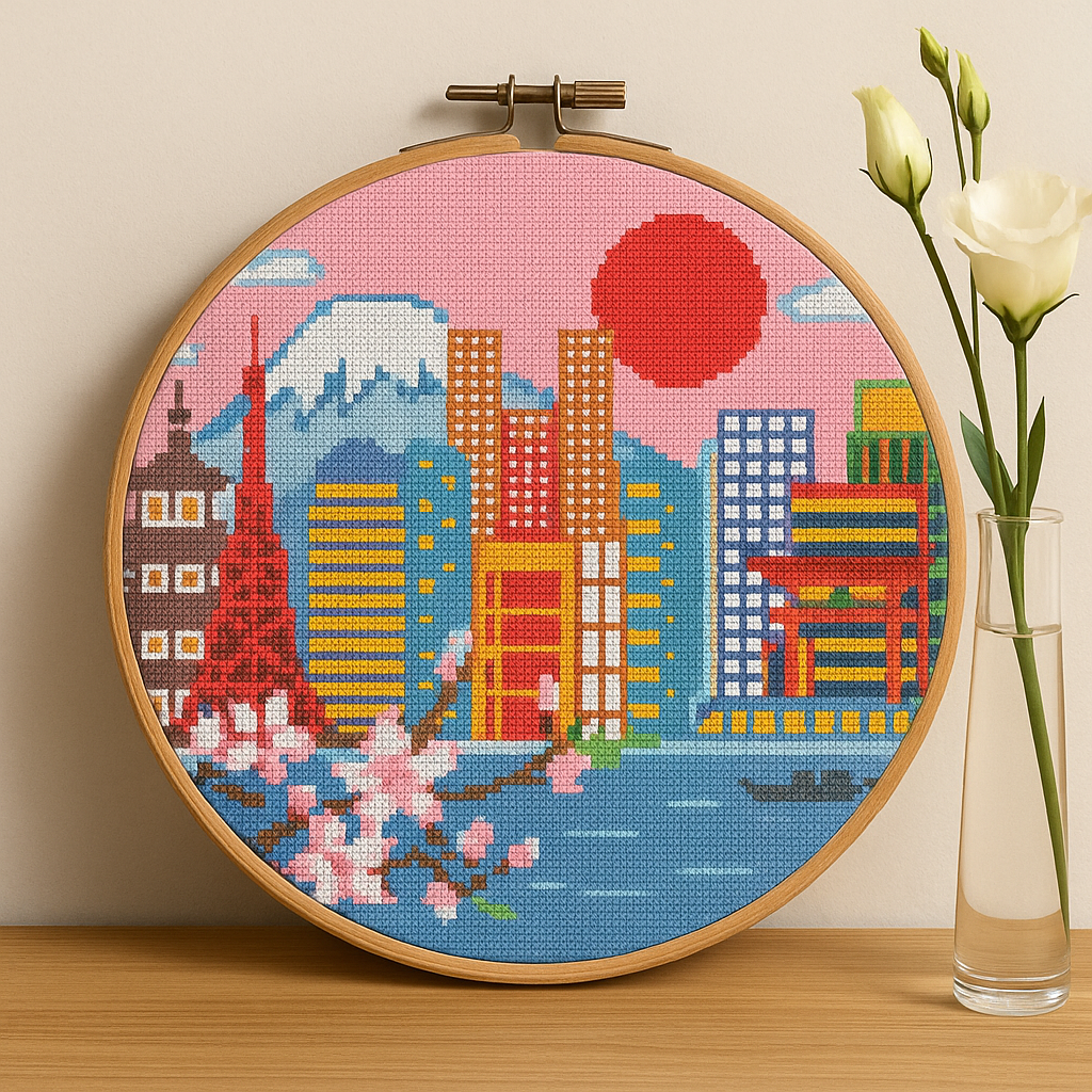 Tokyo Skyline Cross Stitch Pattern – Modern Japan Cityscape Embroidery PDF