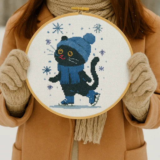 February Black Cat Cross Stitch Pattern – Winter Skating Kit