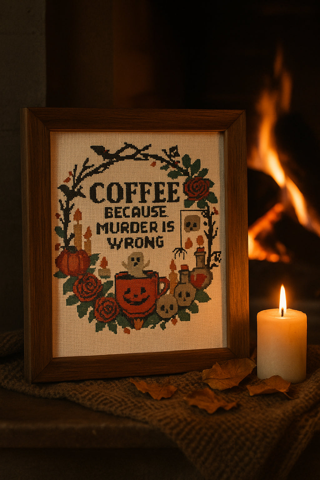 Coffee Because Murder Is Wrong – Halloween Cross Stitch Pattern | Cozy Fall Embroidery Decor