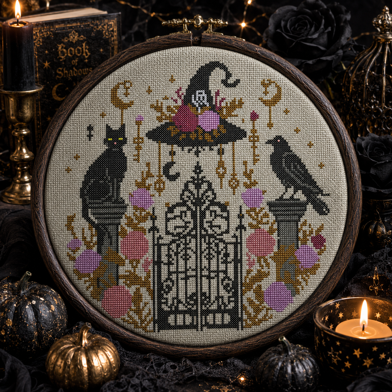 Gothic Witch Gate Cross Stitch Pattern PDF | Black Cat & Raven Halloween Embroidery | Witchcore Counted Cross Stitch Chart | Instant Download