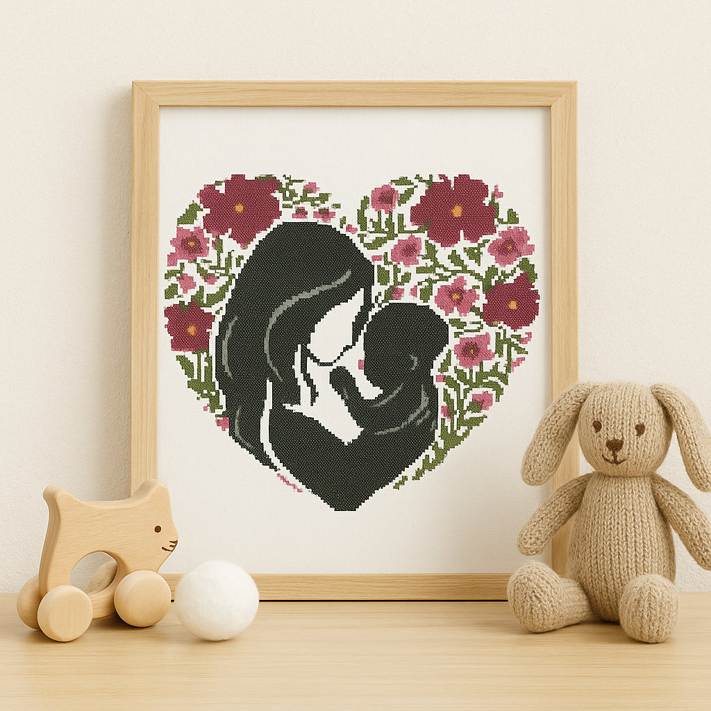 Mother & Baby Silhouette Cross Stitch Pattern | Floral Heart Embroidery PDF