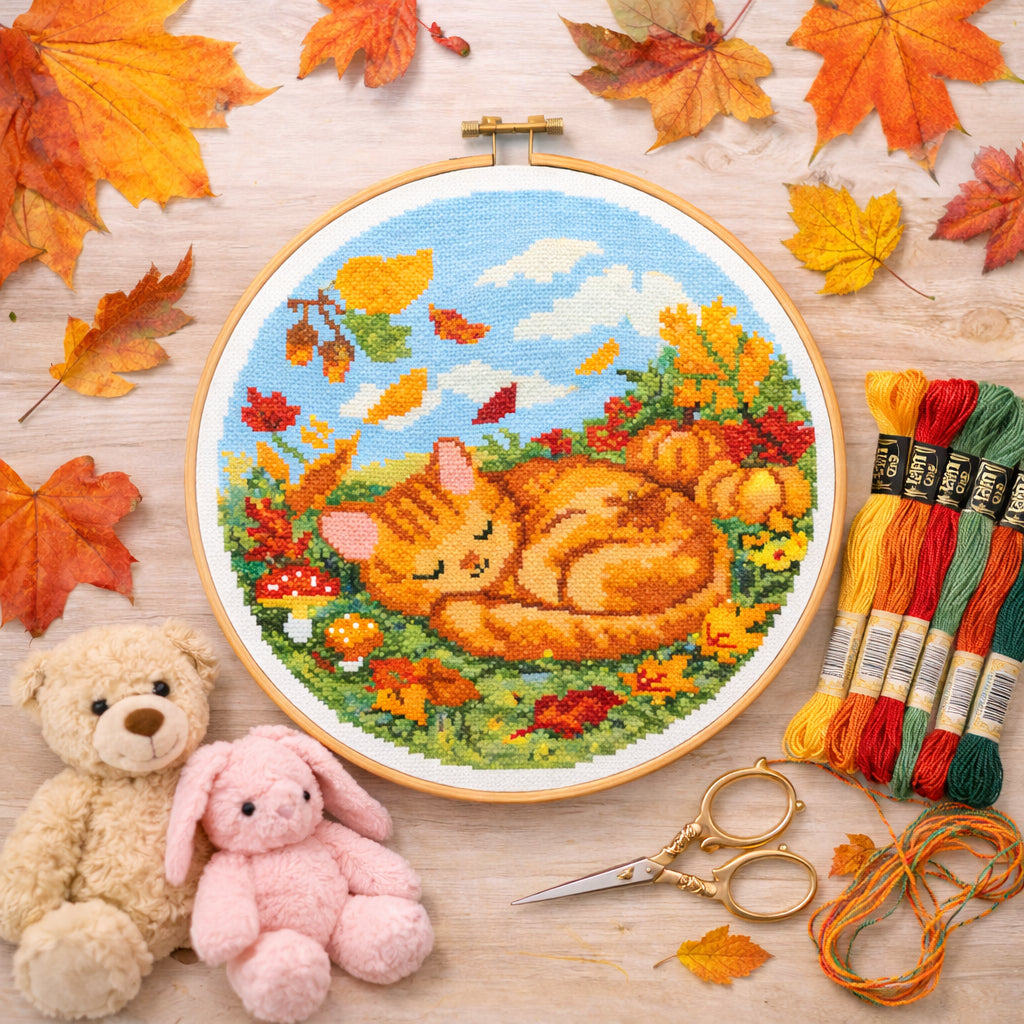 Autumn Sleeping Cat Cross Stitch Pattern | Cozy Fall Embroidery PDF