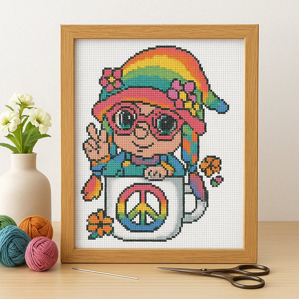 Rainbow Hippie Gnome Cross Stitch Pattern | Peace Sign Mug PDF
