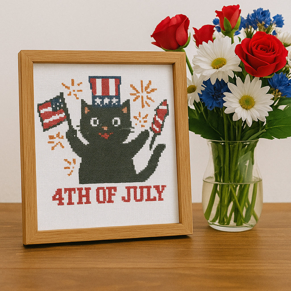 Black Cat 4th of July Cross Stitch Pattern – Patriotic USA Independence Day Embroidery
