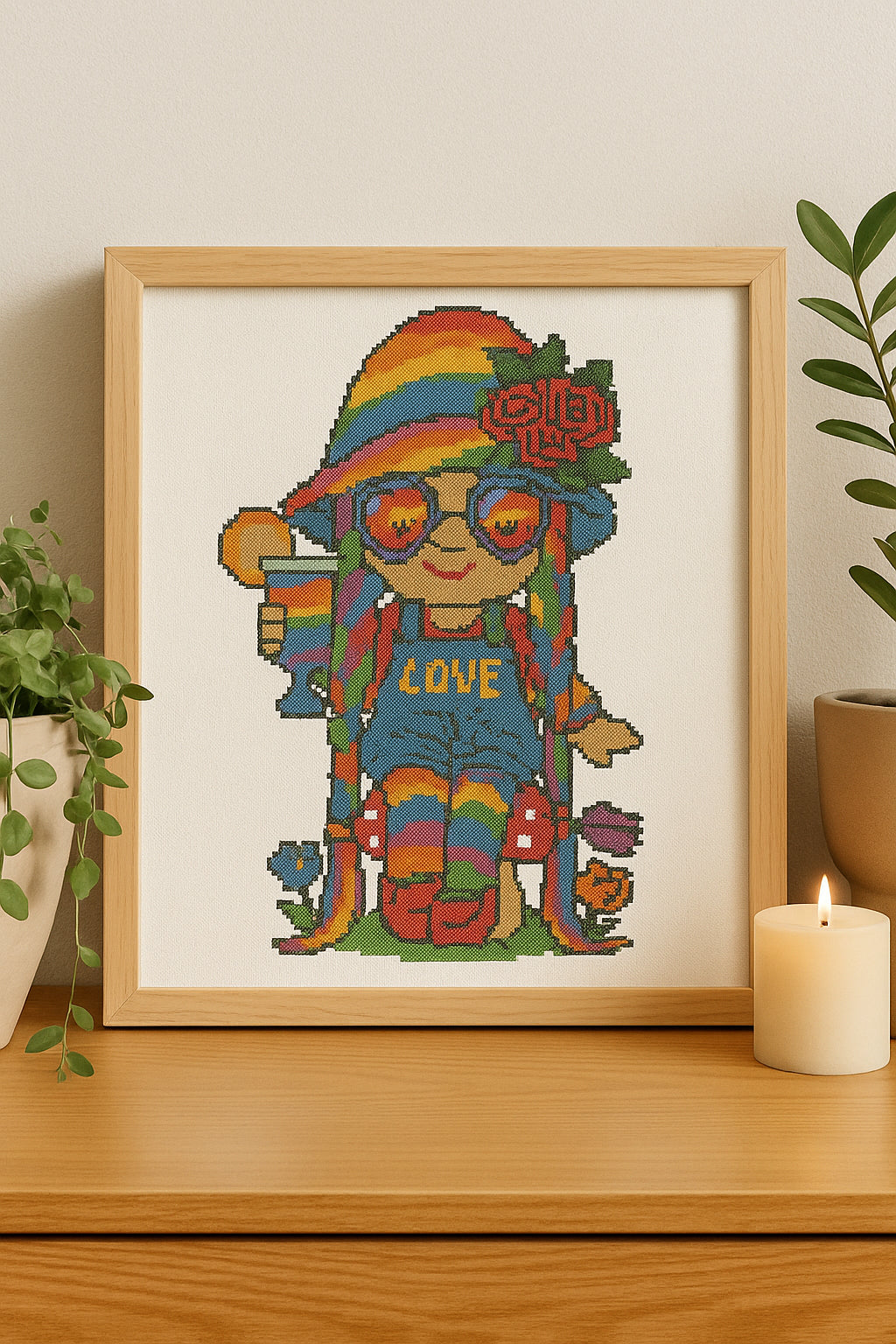 Rainbow Hippie Gnome Cross Stitch Pattern | PDF Embroidery Chart with Drink & LOVE Design