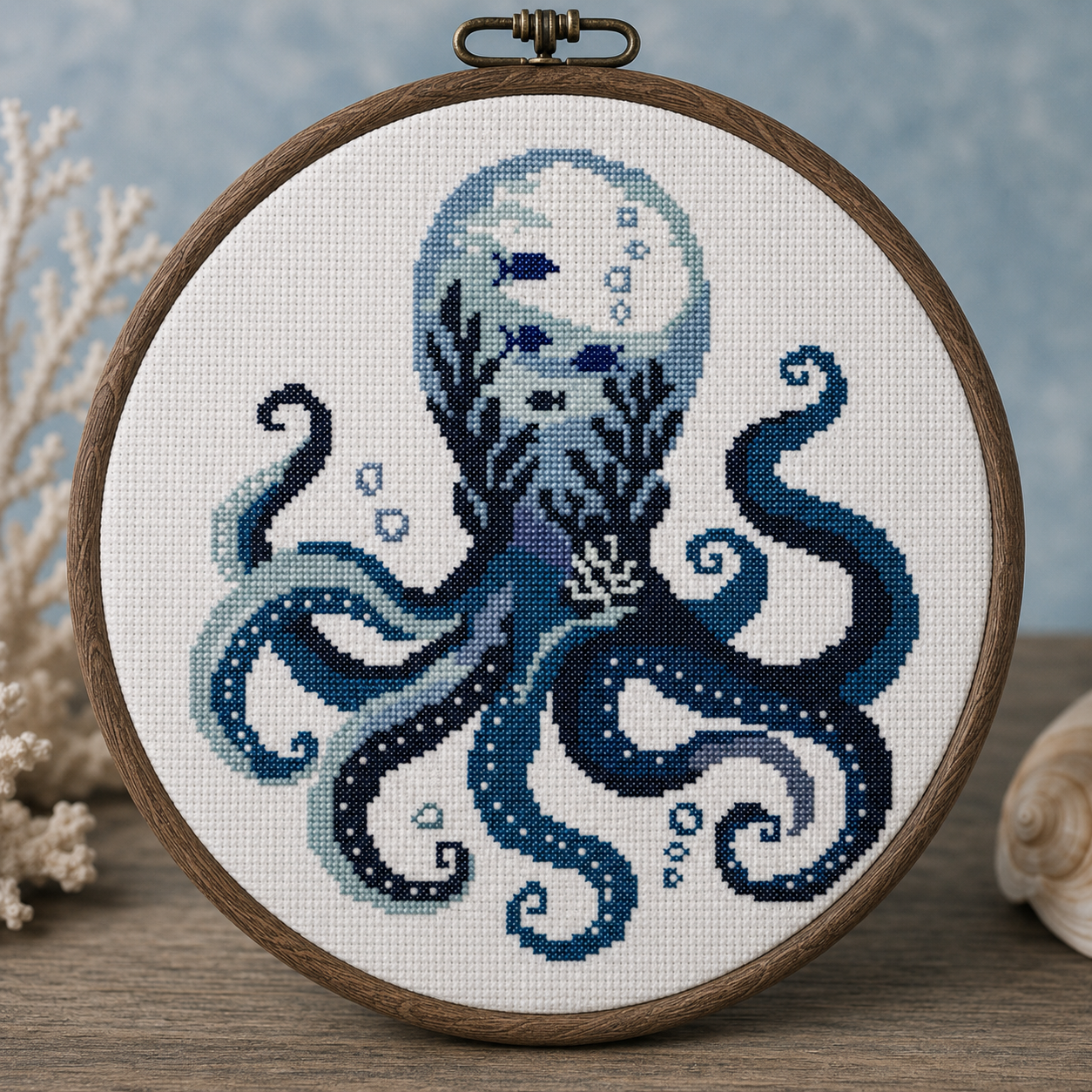 Moonlit Octopus Counted Cross Stitch Pattern PDF | Ocean Embroidery Design | Nautical Marine Wall Art | Modern Coastal Decor | Instant Download