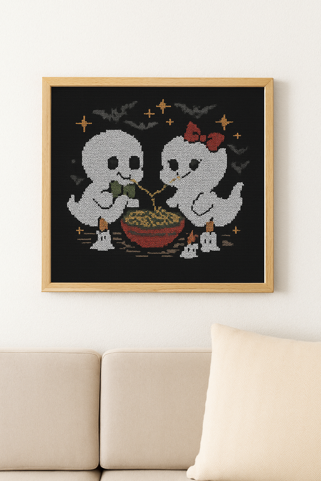 Cute Halloween Ghost Couple Cross Stitch Pattern – Baby Ghosts Eating Noodles, Spooky Love Embroidery PDF