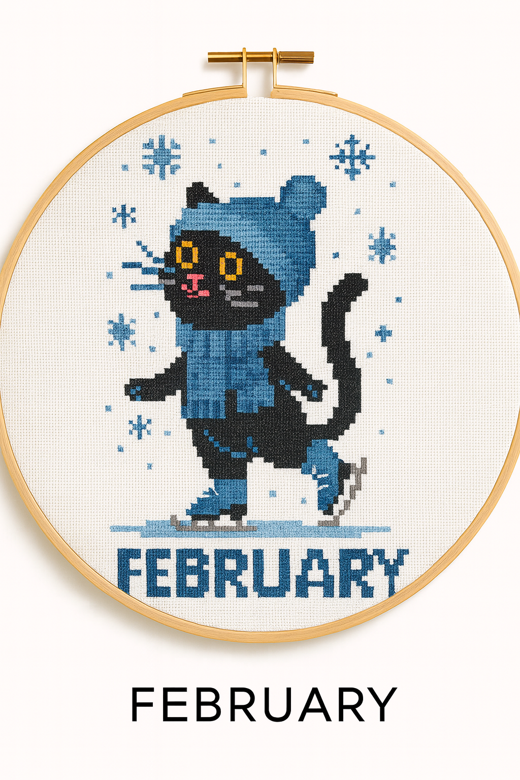 February Black Cat Cross Stitch Pattern – Winter Skating Kit