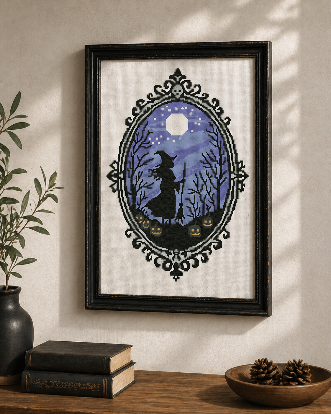 Halloween Witch Cross Stitch Pattern PDF – Gothic Moon Night Embroidery with Pumpkins & Forest Silhouette