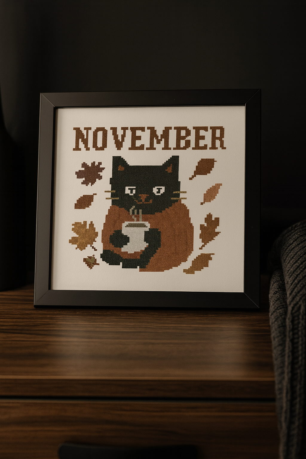 November Black Cat Cross-Stitch Pattern – Cozy Autumn Embroidery PDF