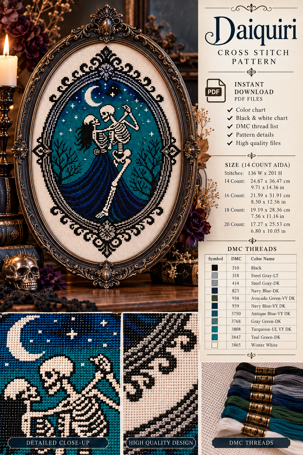 Gothic Skeleton Couple Cross Stitch Pattern PDF | Halloween Gothic Decor