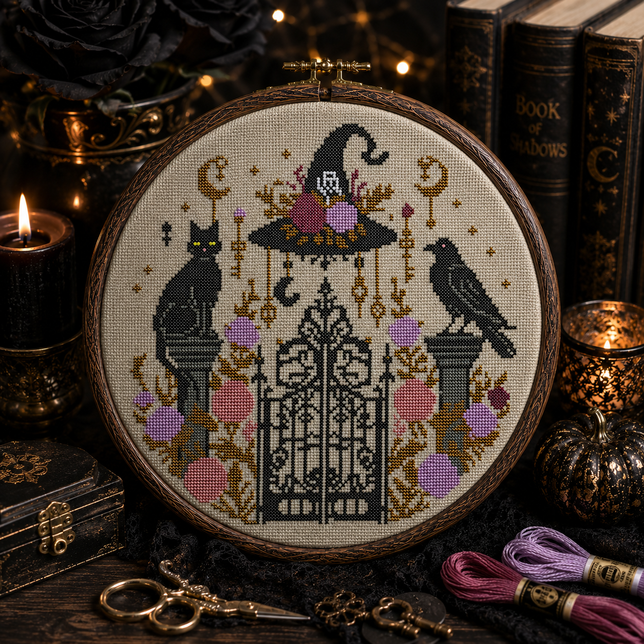 Gothic Witch Gate Cross Stitch Pattern PDF | Black Cat & Raven Halloween Embroidery | Witchcore Counted Cross Stitch Chart | Instant Download