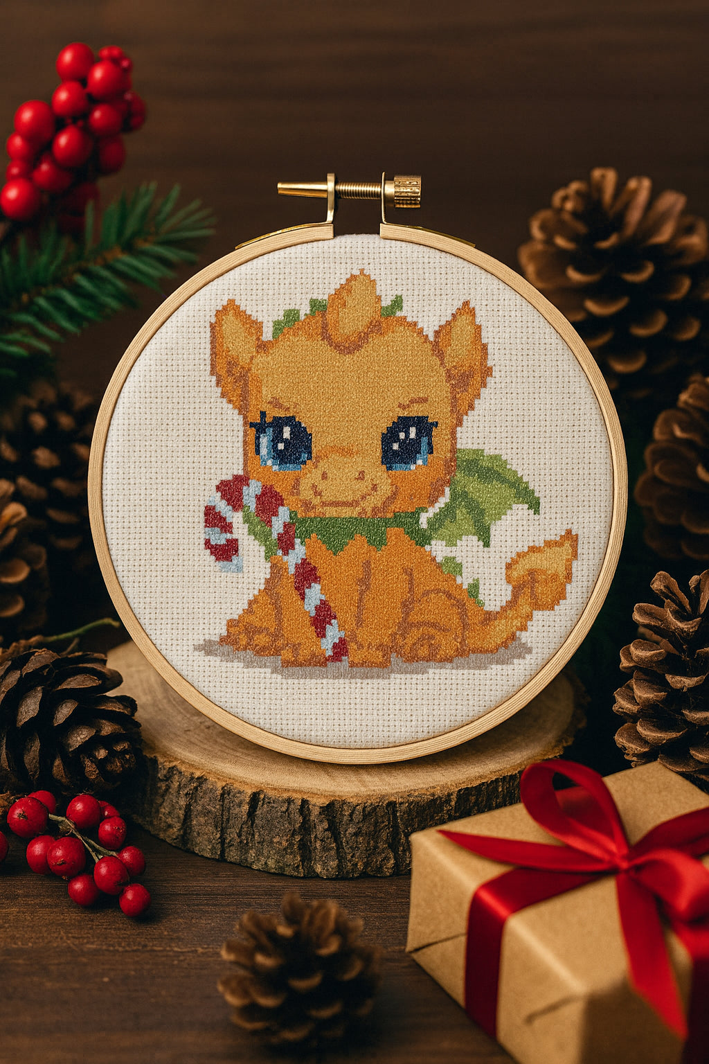 Christmas Dragon Cross Stitch Pattern • Cute Baby Dragon with Candy Cane • Holiday Embroidery Design PDF