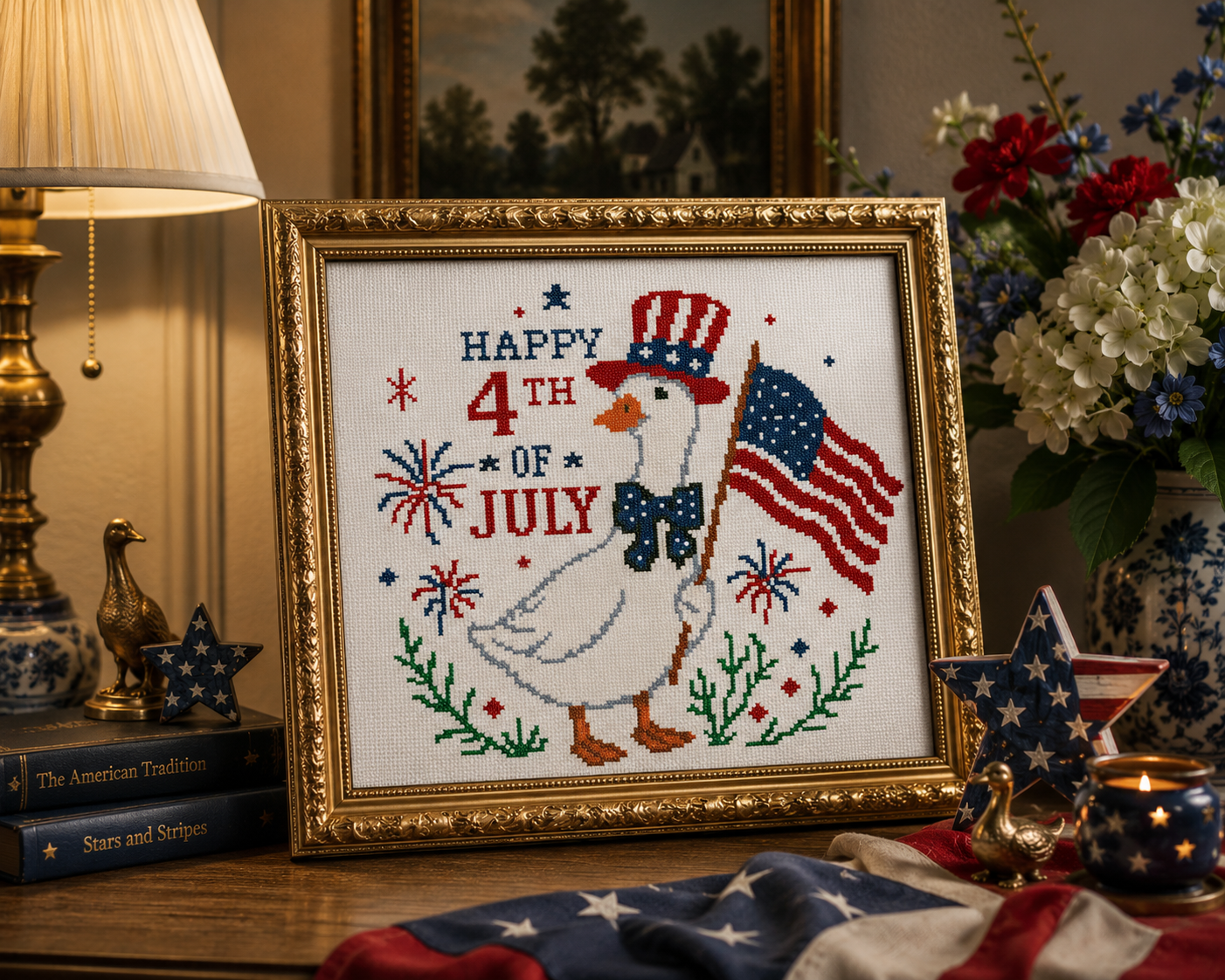 Happy 4th of July Goose Cross Stitch Pattern PDF | Patriotic Goose Embroidery Design | American Flag Counted Cross Stitch | Independence Day Decor