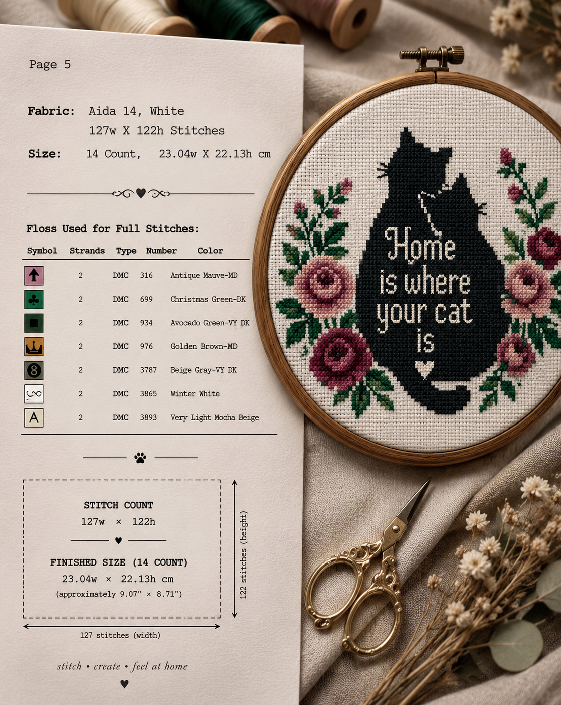 Home Is Where Your Cat Is Cross Stitch Pattern PDF | Black Cat Floral Embroidery | Modern Counted Cross Stitch | Cat Lover Gift | Instant Download