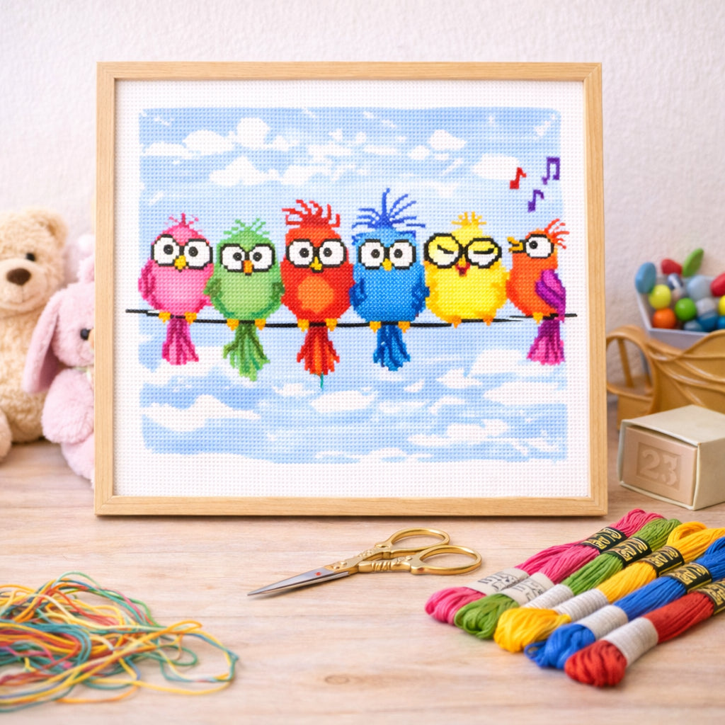 Quirky Birds on Wire Cross Stitch Pattern – Funny Colorful Birds Embroidery PDF