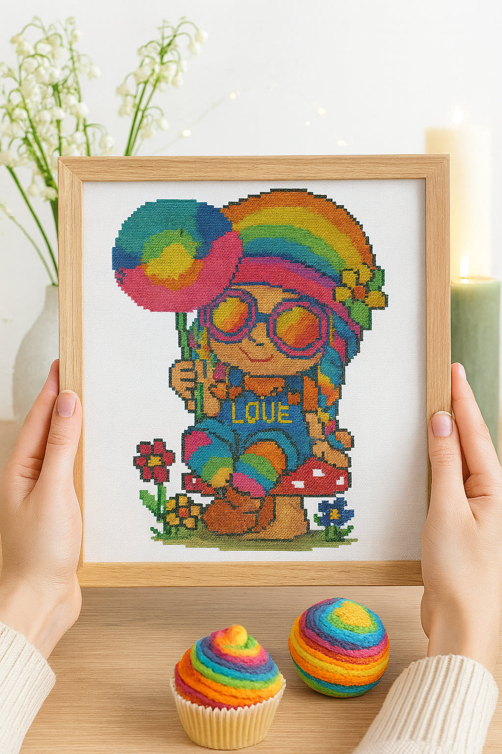 🌈 Hippie Gnome Cross Stitch Pattern | Rainbow Peace Gnome with Dandelion
