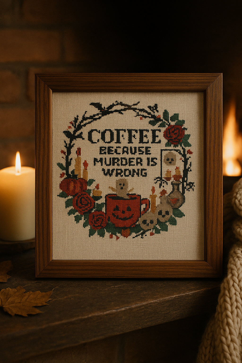 Coffee Because Murder Is Wrong – Halloween Cross Stitch Pattern | Cozy Fall Embroidery Decor