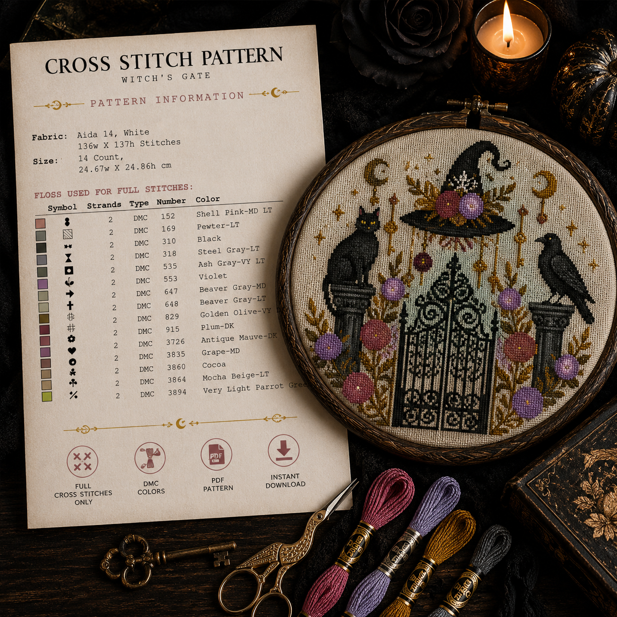 Gothic Witch Gate Cross Stitch Pattern PDF | Black Cat & Raven Halloween Embroidery | Witchcore Counted Cross Stitch Chart | Instant Download