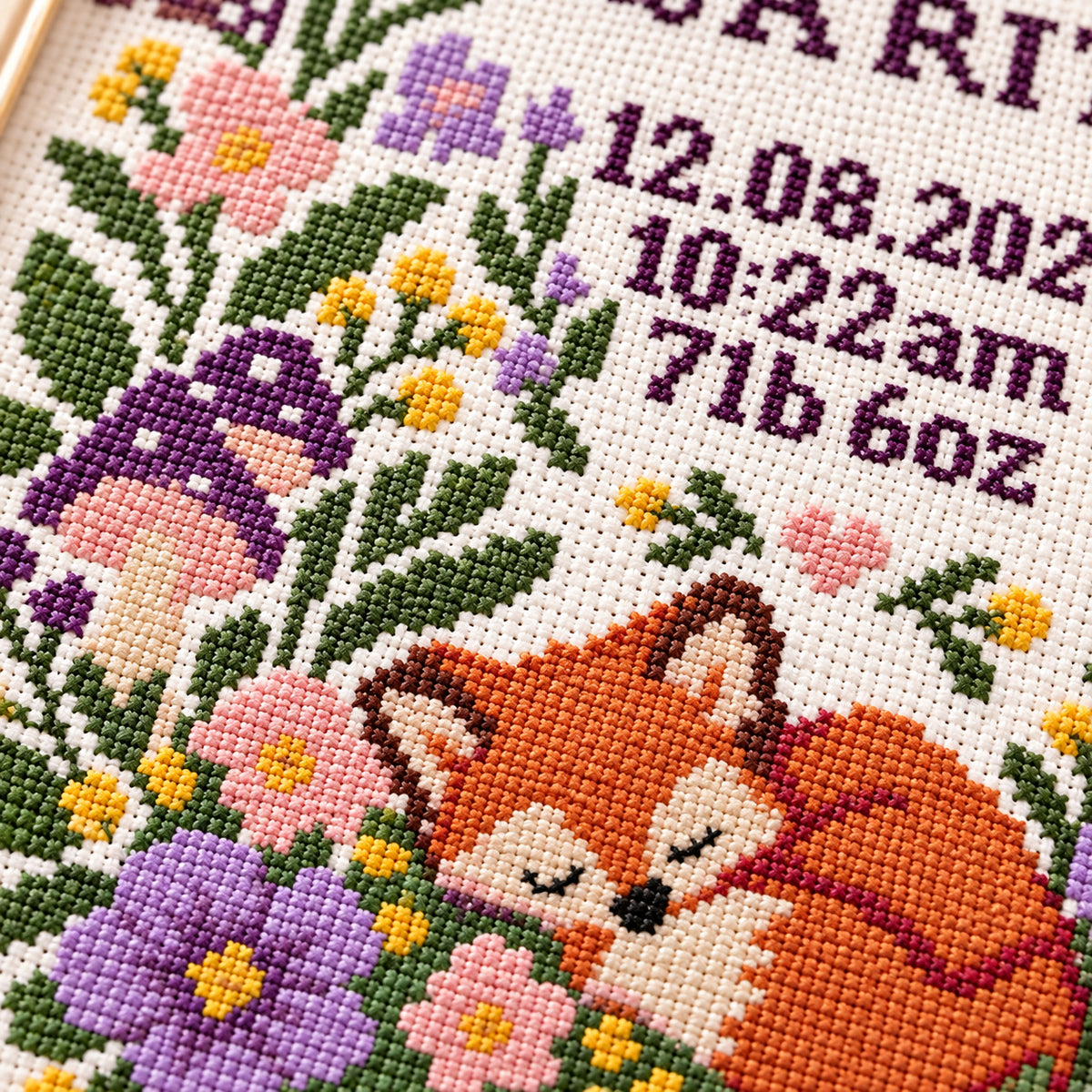 Personalized Baby Birth Announcement Cross Stitch Pattern PDF – Woodland Fox Sampler + Alphabet