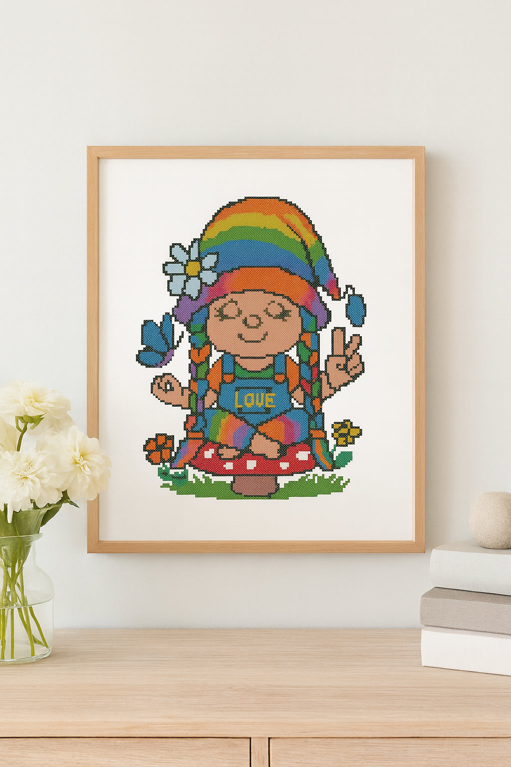 Rainbow Gnome Cross Stitch Pattern | Peace & Love Embroidery PDF