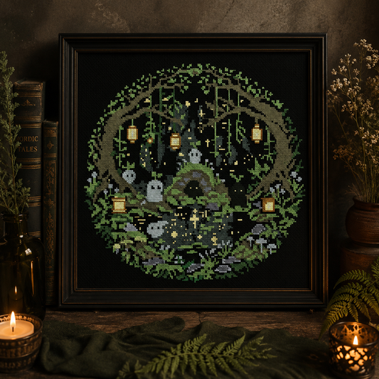 Ghost Forest Cross Stitch Pattern PDF | Cute Woodland Spirits Embroidery | Dark Cottagecore Counted Cross Stitch Chart | Black Aida Decor