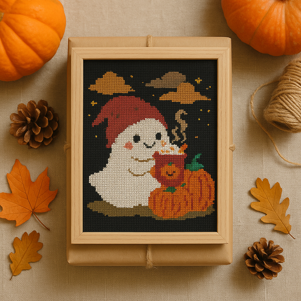 Cute Ghost on Pumpkin Cross Stitch Pattern – Halloween Cozy Latte Embroidery PDF