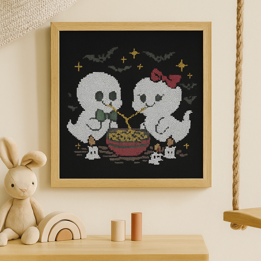 Cute Halloween Ghost Couple Cross Stitch Pattern – Baby Ghosts Eating Noodles, Spooky Love Embroidery PDF