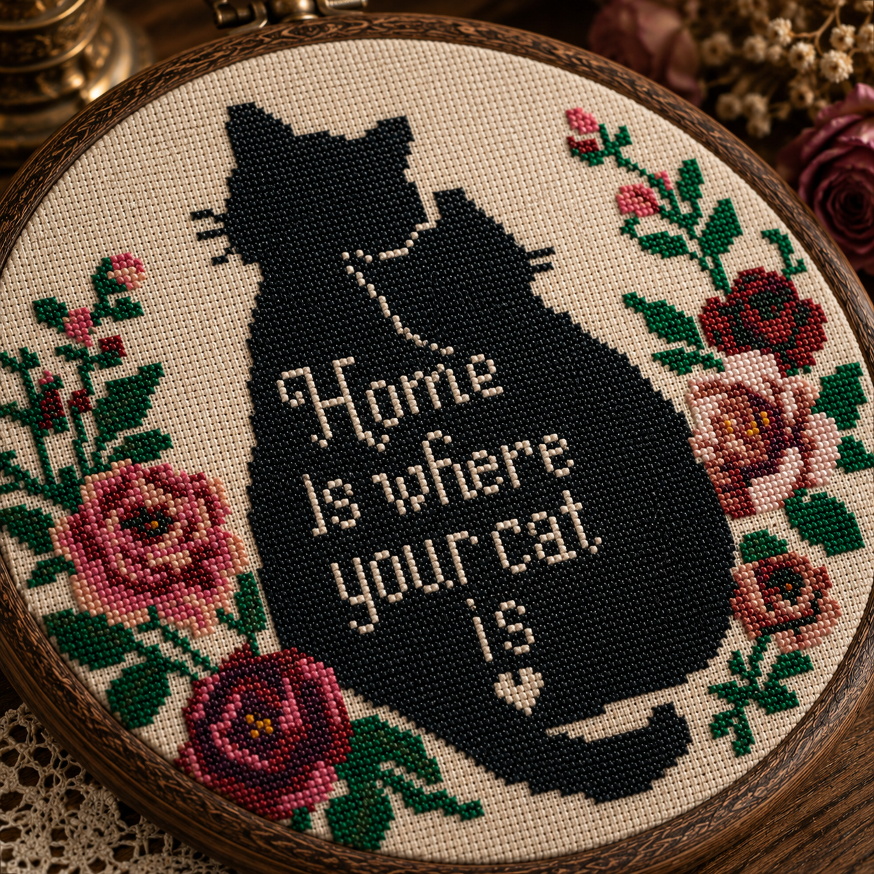 Home Is Where Your Cat Is Cross Stitch Pattern PDF | Black Cat Floral Embroidery | Modern Counted Cross Stitch | Cat Lover Gift | Instant Download