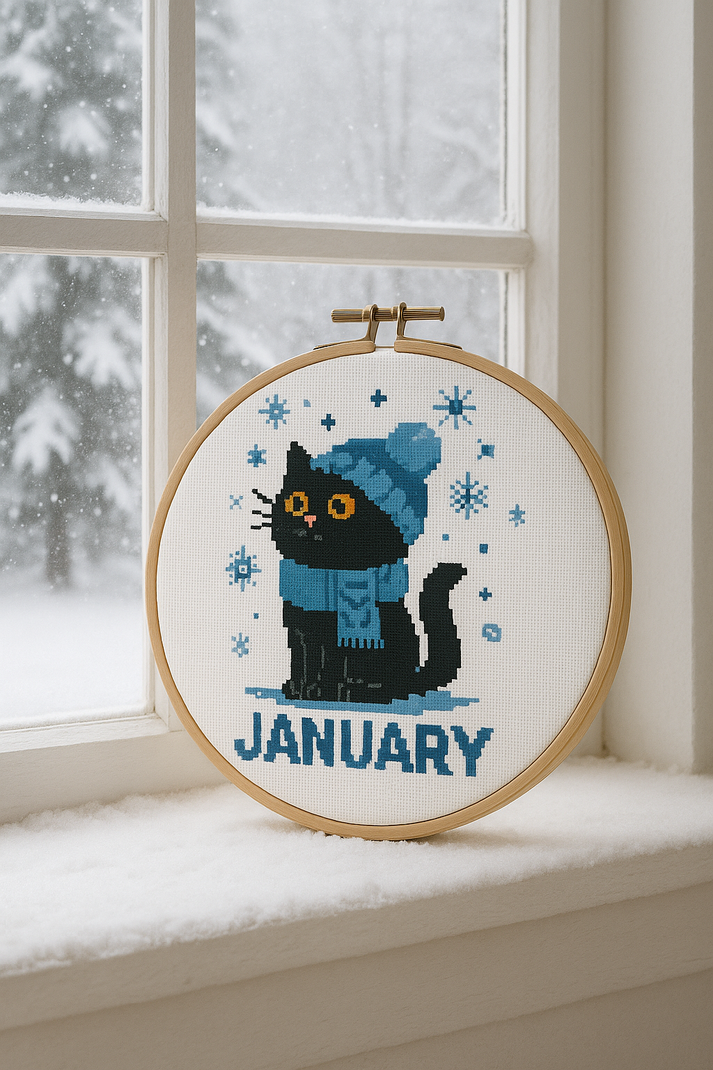 January Black Cat Cross Stitch Pattern – Winter PDF Embroidery Design