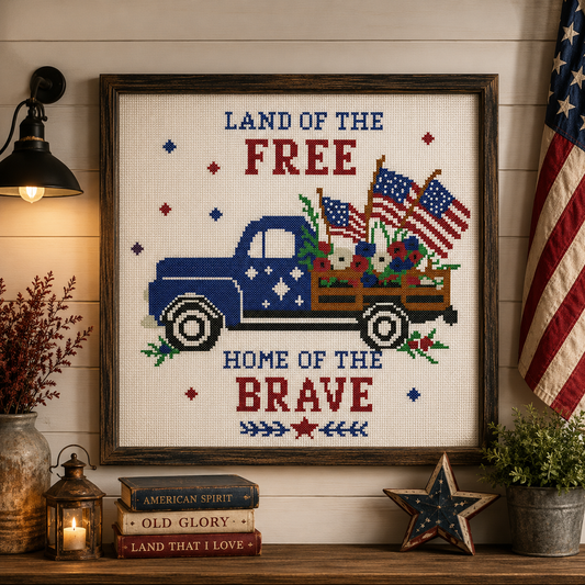 Land of the Free Home of the Brave Cross Stitch Pattern PDF, Patriotic Vintage Truck Embroidery Chart, American Flag Sampler, Fourth of July Decor