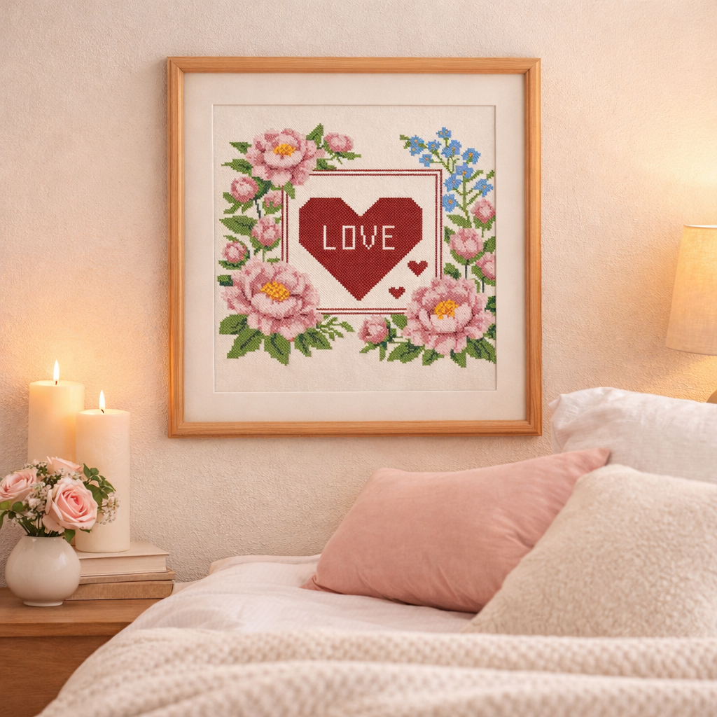Romantic Love Cross Stitch Pattern – Peonies & Heart Floral Embroidery Design – PDF Chart