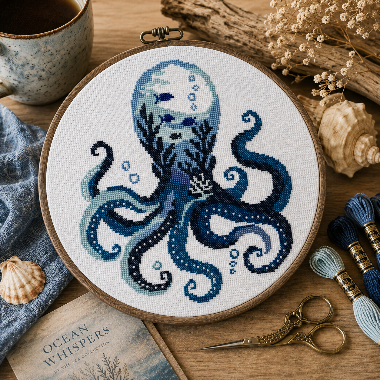 Moonlit Octopus Counted Cross Stitch Pattern PDF | Ocean Embroidery Design | Nautical Marine Wall Art | Modern Coastal Decor | Instant Download