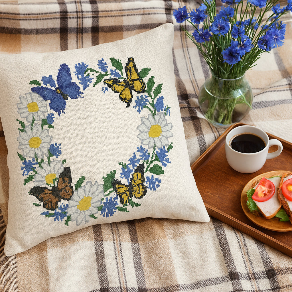 Daisy & Cornflower Butterfly Wreath Cross Stitch Pattern | 250x250 Floral Embroidery Design