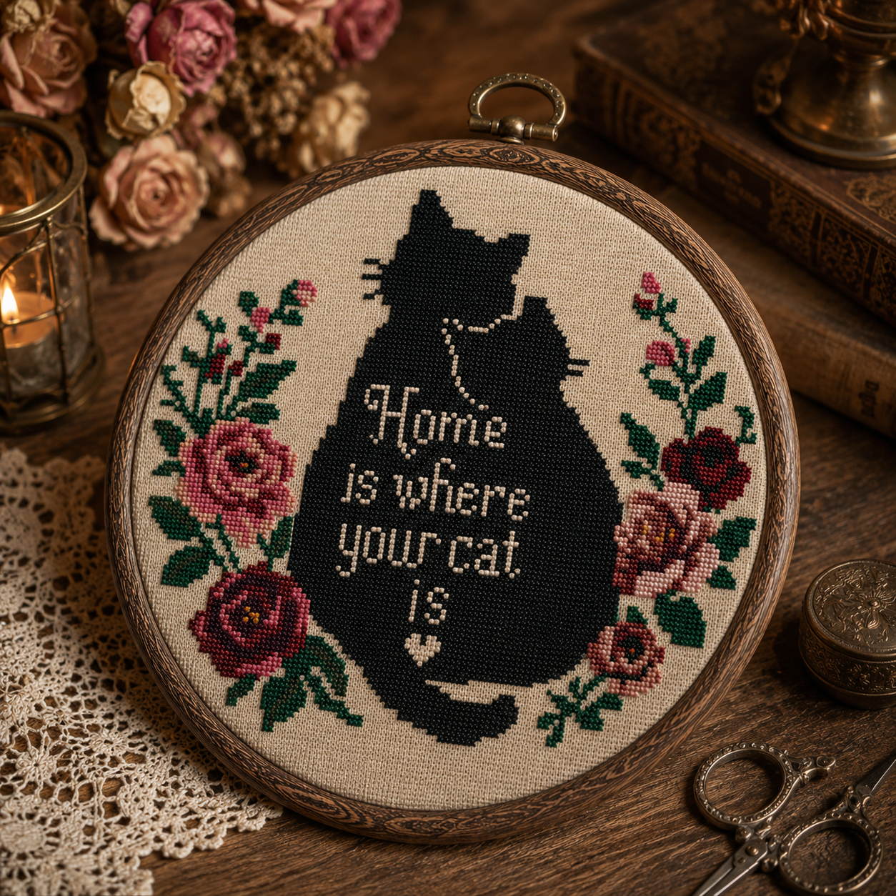 Home Is Where Your Cat Is Cross Stitch Pattern PDF | Black Cat Floral Embroidery | Modern Counted Cross Stitch | Cat Lover Gift | Instant Download