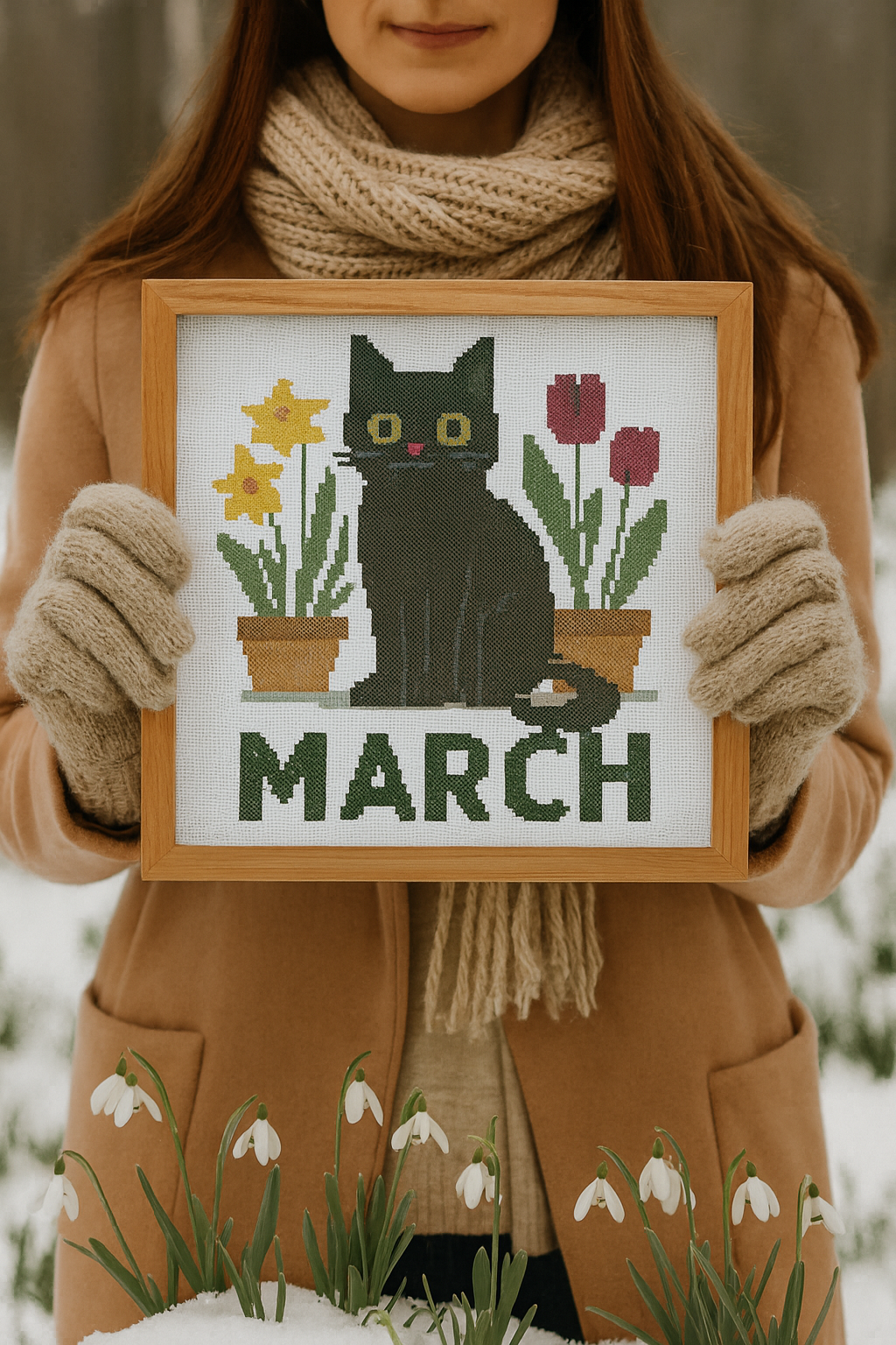 March Black Cat Cross Stitch Pattern – Spring Flowers & Seasonal Decor